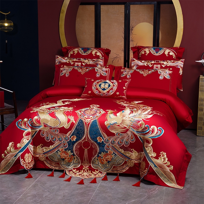 91家纺网 家纺一手货源 找家纺 用心 2025新款长绒棉刺绣新中式婚庆多件套系列 龙祥凤禧