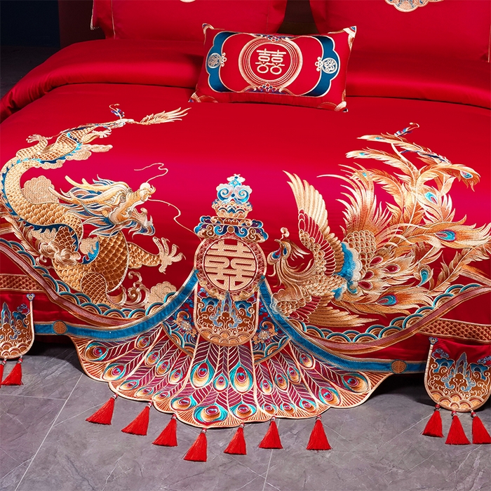 91家纺网 家纺一手货源 找家纺 用心 2025新款长绒棉刺绣新中式婚庆多件套系列 盛世华章