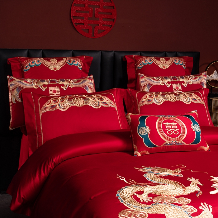 91家纺网 家纺一手货源 找家纺 用心 2025新款长绒棉刺绣新中式婚庆多件套系列 皇朝囍嫁