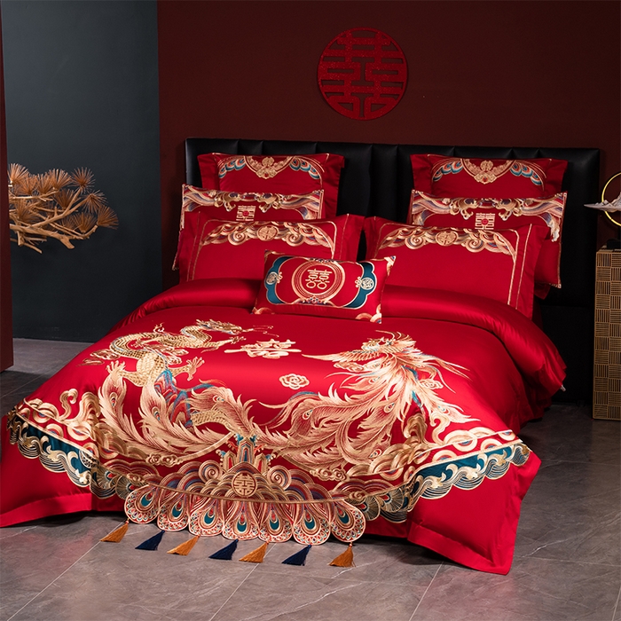 91家纺网 家纺一手货源 找家纺 用心 2025新款长绒棉刺绣新中式婚庆多件套系列 皇朝囍嫁