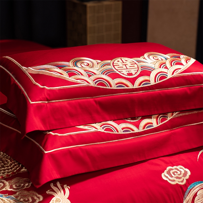 91家纺网 家纺一手货源 找家纺 用心 2025新款长绒棉刺绣新中式婚庆多件套系列 皇朝囍嫁