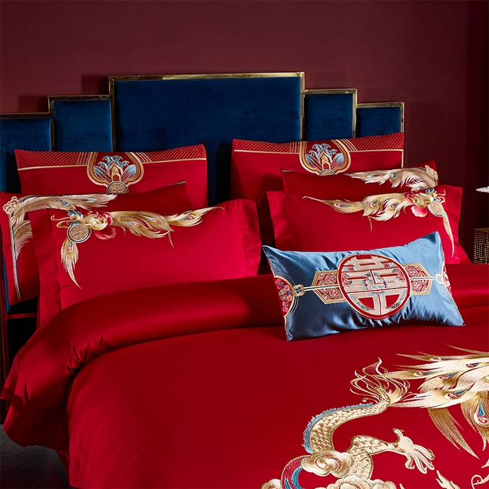 91家纺网 家纺一手货源 找家纺 用心 2025新款长绒棉刺绣新中式婚庆多件套系列 皇家风范