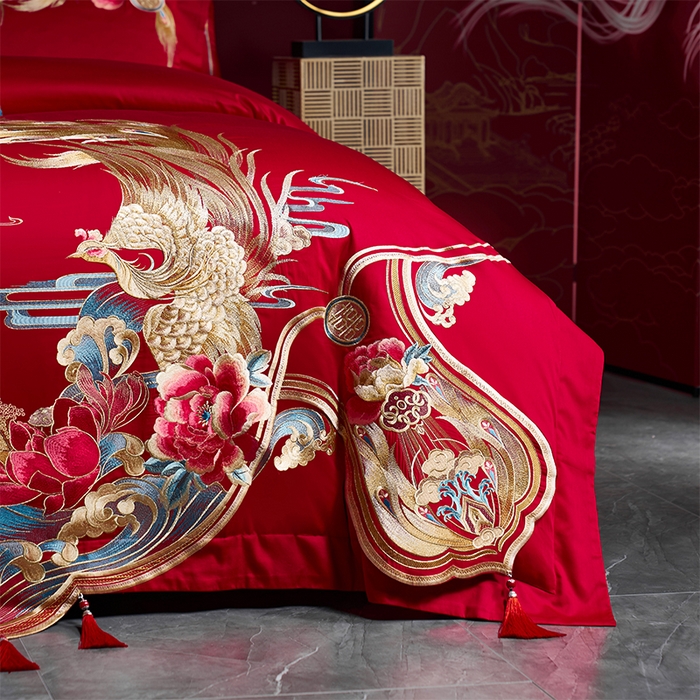 91家纺网 家纺一手货源 找家纺 用心 2025新款长绒棉刺绣新中式婚庆多件套系列 皇家风范