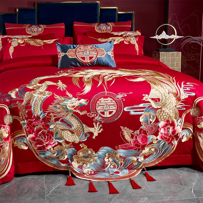 91家纺网 家纺一手货源 找家纺 用心 2025新款长绒棉刺绣新中式婚庆多件套系列 皇家风范