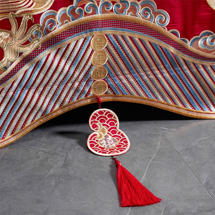 91家纺网 家纺一手货源 找家纺 用心 2025新款长绒棉刺绣新中式婚庆多件套系列 龙凤呈囍