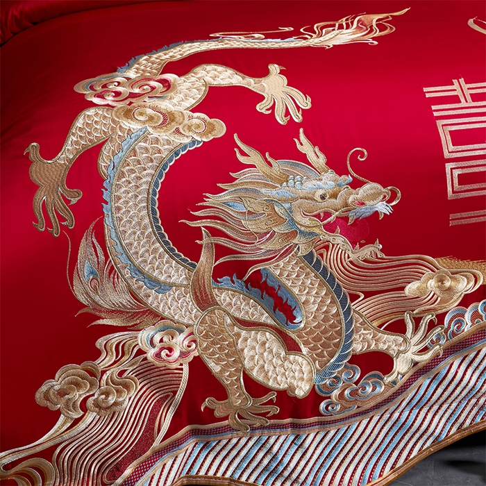 91家纺网 家纺一手货源 找家纺 用心 2025新款长绒棉刺绣新中式婚庆多件套系列 龙凤呈囍