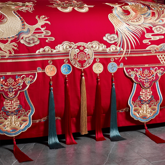 91家纺网 家纺一手货源 找家纺 用心 2025新款长绒棉刺绣新中式婚庆多件套系列 龙腾凤跃