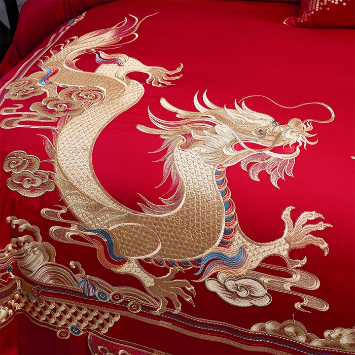 91家纺网 家纺一手货源 找家纺 用心 2025新款长绒棉刺绣新中式婚庆多件套系列 龙腾凤跃