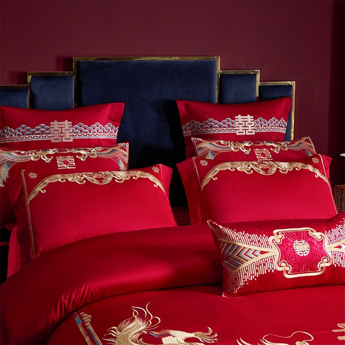 91家纺网 家纺一手货源 找家纺 用心 2025新款长绒棉刺绣新中式婚庆多件套系列 龙腾凤跃