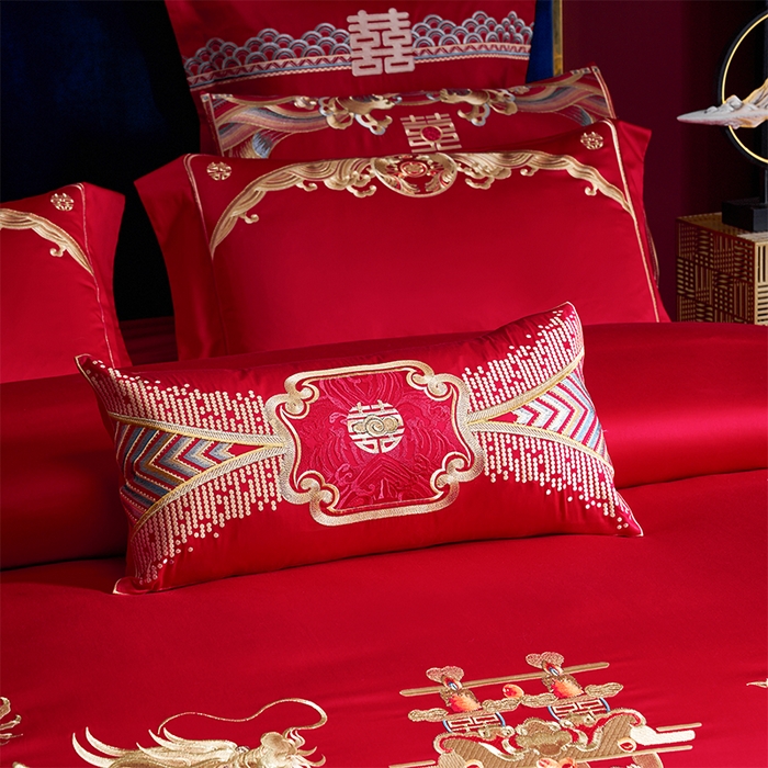 91家纺网 家纺一手货源 找家纺 用心 2025新款长绒棉刺绣新中式婚庆多件套系列 龙腾凤跃