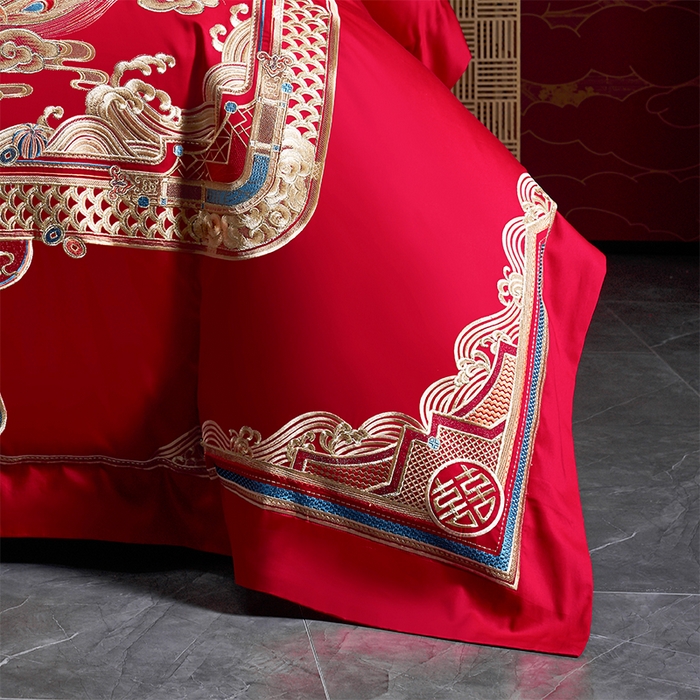 91家纺网 家纺一手货源 找家纺 用心 2025新款长绒棉刺绣新中式婚庆多件套系列 龙腾凤跃