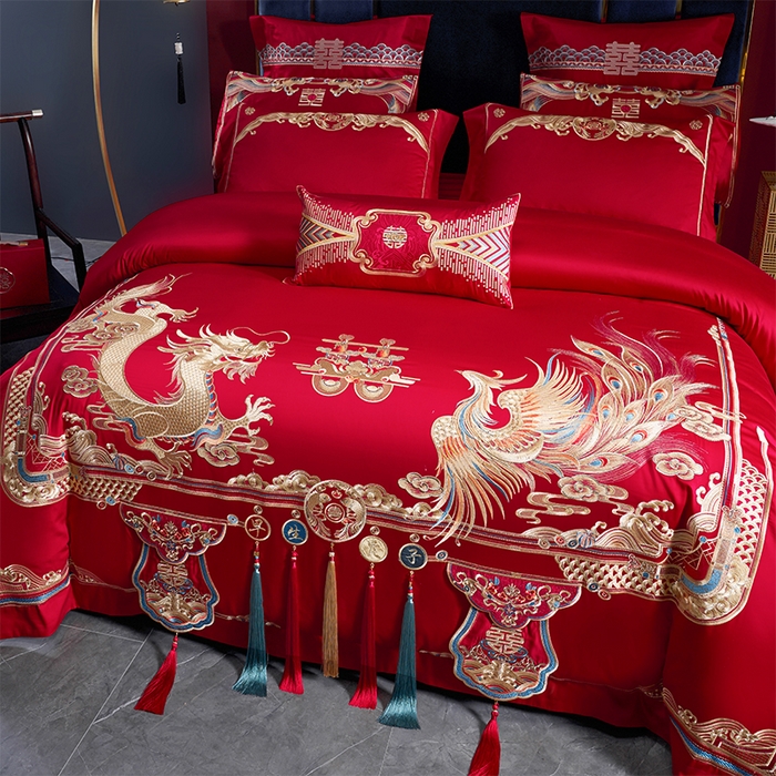 91家纺网 家纺一手货源 找家纺 用心 2025新款长绒棉刺绣新中式婚庆多件套系列 龙腾凤跃