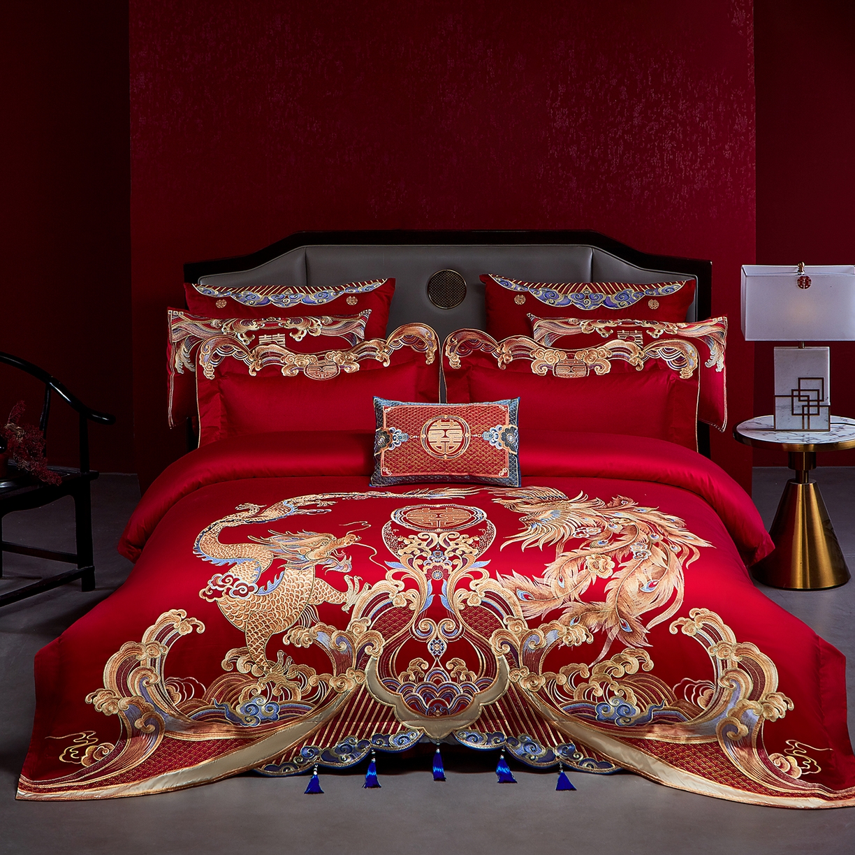 91家纺网 家纺一手货源 找家纺 用心 2025新款长绒棉刺绣新中式婚庆多件套系列 龙腾天下