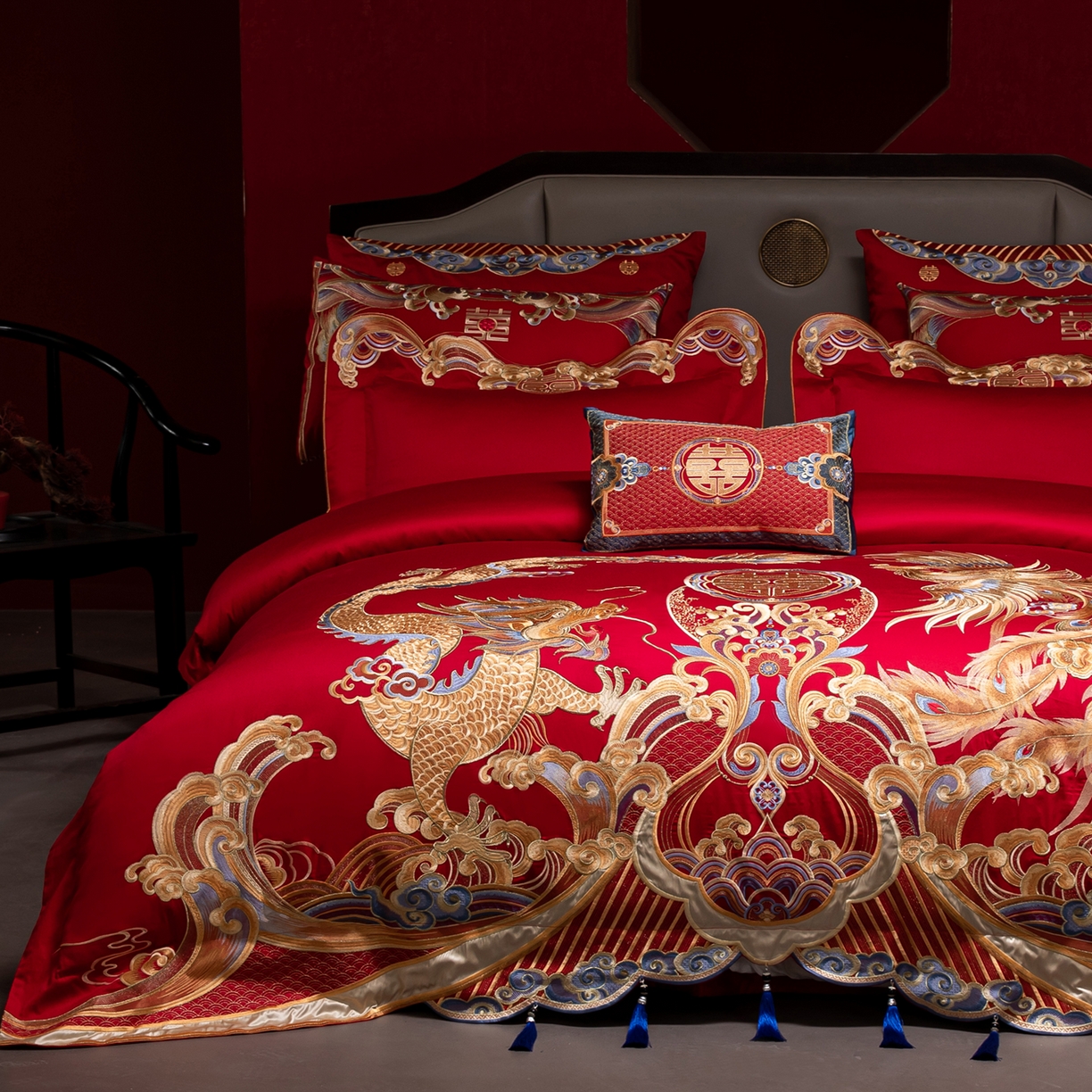 91家纺网 家纺一手货源 找家纺 用心 2025新款长绒棉刺绣新中式婚庆多件套系列 龙腾天下