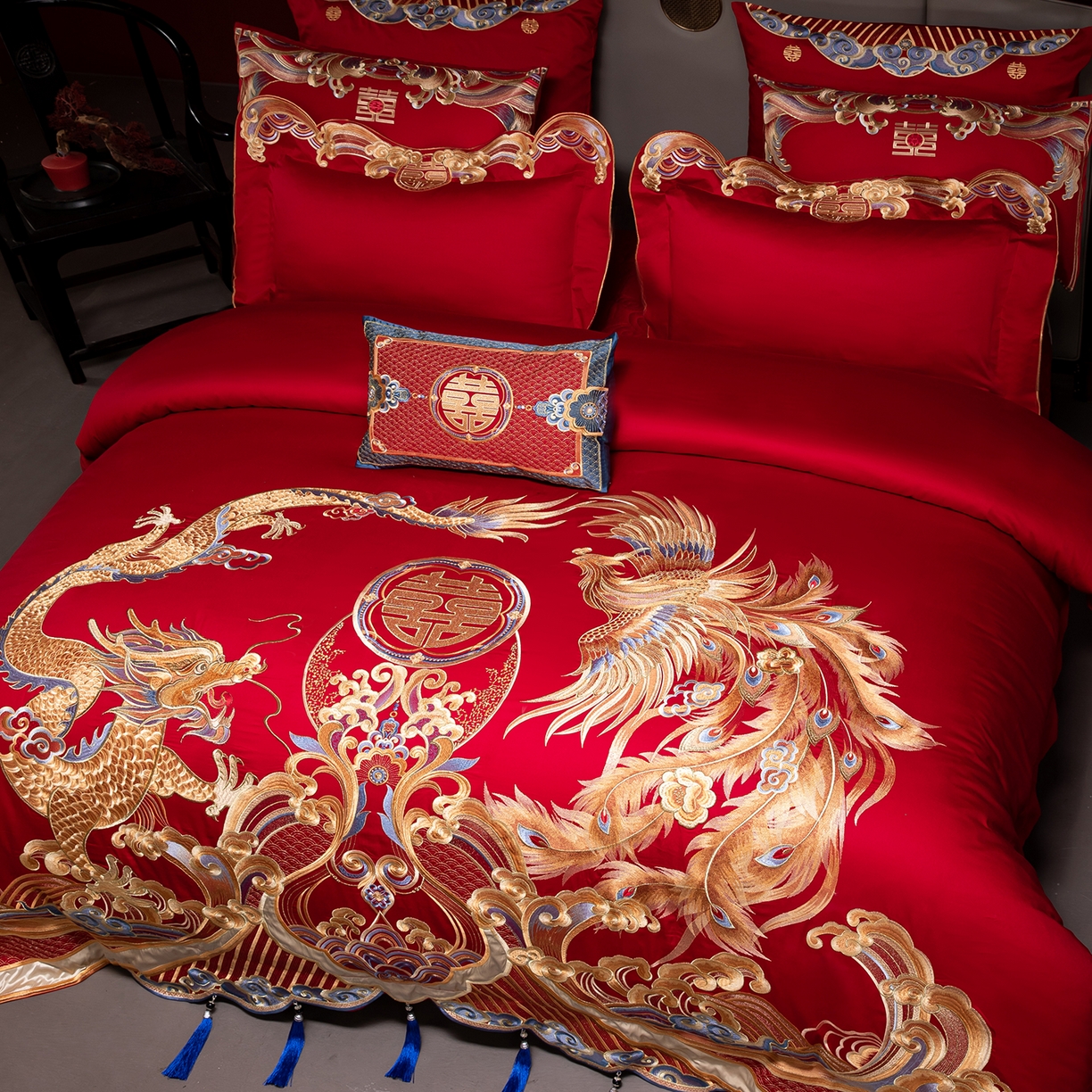 91家纺网 家纺一手货源 找家纺 用心 2025新款长绒棉刺绣新中式婚庆多件套系列 龙腾天下