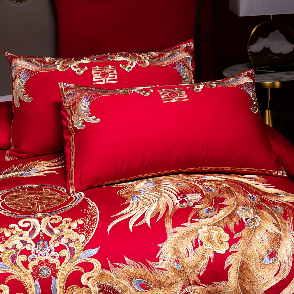 91家纺网 家纺一手货源 找家纺 用心 2025新款长绒棉刺绣新中式婚庆多件套系列 龙腾天下