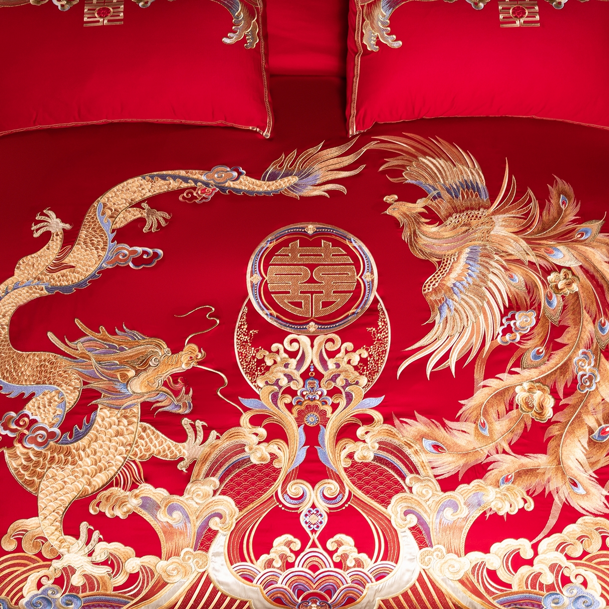 91家纺网 家纺一手货源 找家纺 用心 2025新款长绒棉刺绣新中式婚庆多件套系列 龙腾天下