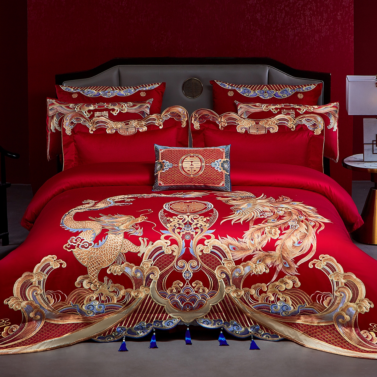 91家纺网 家纺一手货源 找家纺 用心 2025新款长绒棉刺绣新中式婚庆多件套系列 龙腾天下