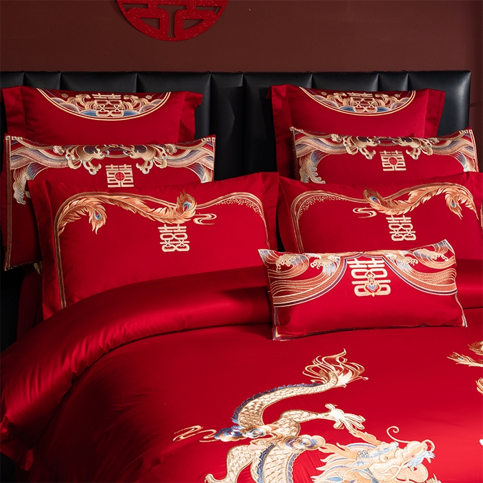 91家纺网 家纺一手货源 找家纺 用心 2025新款长绒棉刺绣新中式婚庆多件套系列 唐朝喜嫁