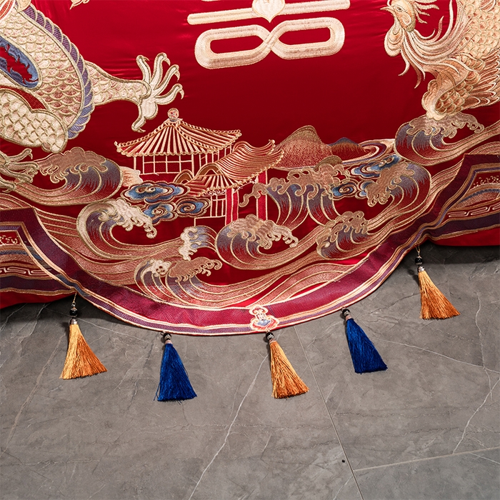 91家纺网 家纺一手货源 找家纺 用心 2025新款长绒棉刺绣新中式婚庆多件套系列 唐朝喜嫁