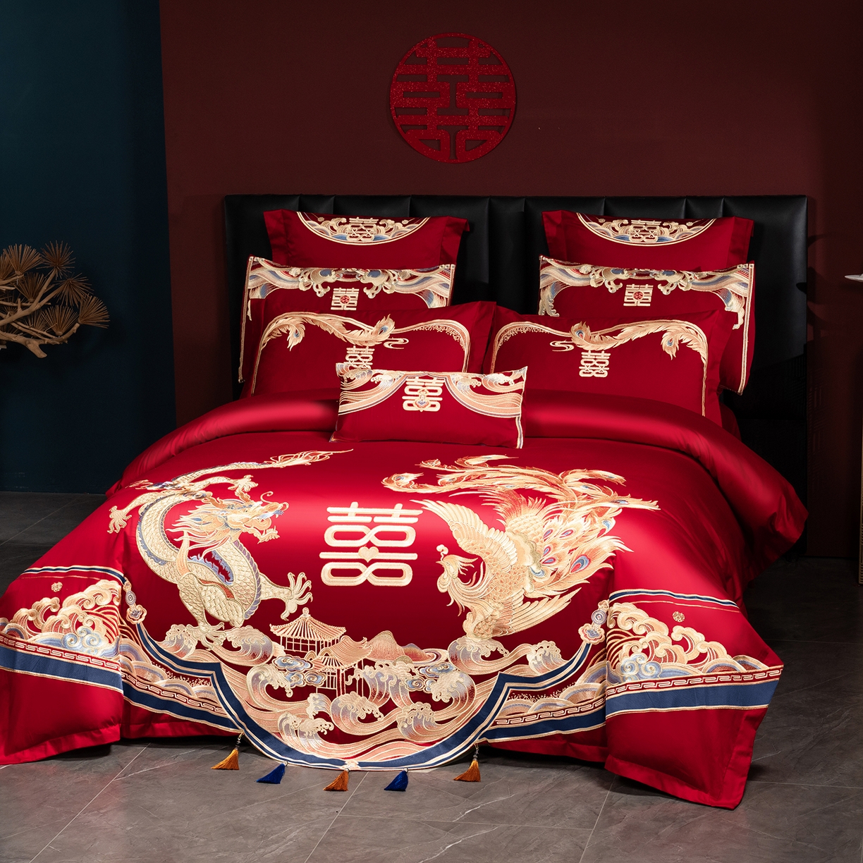 91家纺网 家纺一手货源 找家纺 用心 2025新款长绒棉刺绣新中式婚庆多件套系列 唐朝喜嫁