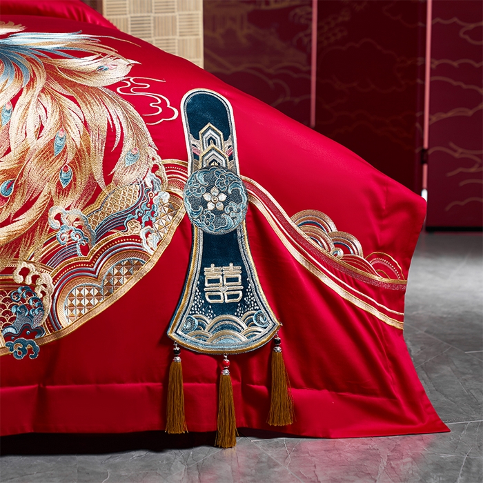 91家纺网 家纺一手货源 找家纺 用心 2025新款长绒棉刺绣新中式婚庆多件套系列 御赐婚礼