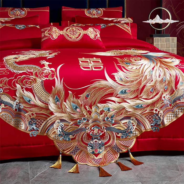 91家纺网 家纺一手货源 找家纺 用心 2025新款长绒棉刺绣新中式婚庆多件套系列 御赐婚礼