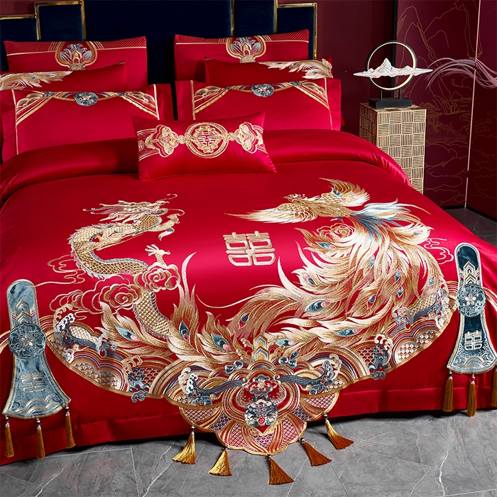 91家纺网 家纺一手货源 找家纺 用心 2025新款长绒棉刺绣新中式婚庆多件套系列 御赐婚礼