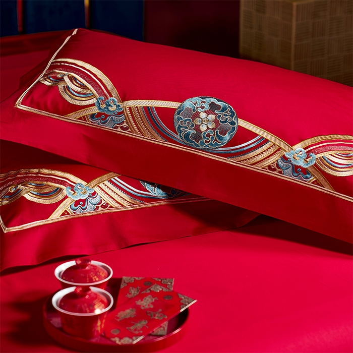 91家纺网 家纺一手货源 找家纺 用心 2025新款长绒棉刺绣新中式婚庆多件套系列 御赐婚礼