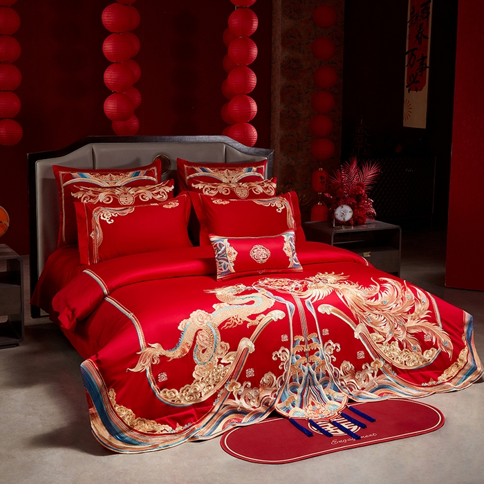 91家纺网 家纺一手货源 找家纺 用心 2025年新款长绒棉重工绣花婚庆四件套多件套 龙凤江山