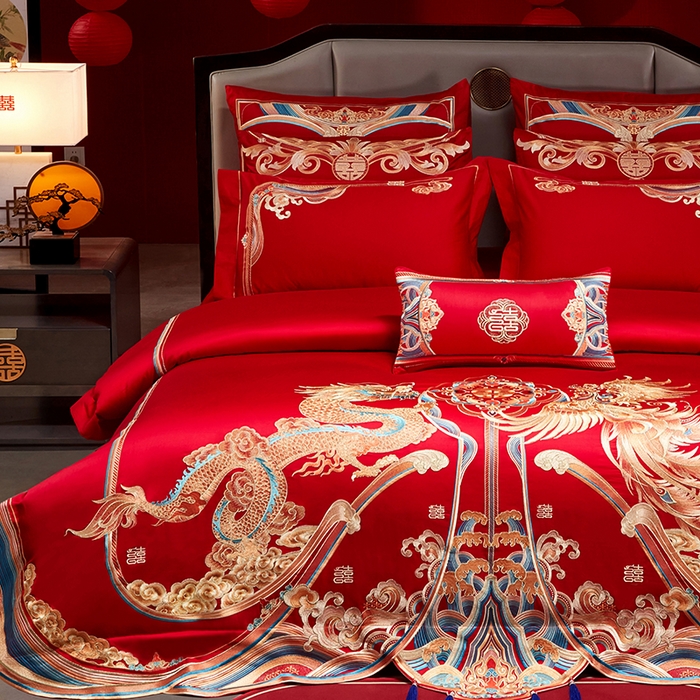 91家纺网 家纺一手货源 找家纺 用心 2025年新款长绒棉重工绣花婚庆四件套多件套 龙凤江山