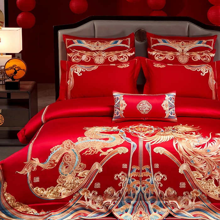 91家纺网 家纺一手货源 找家纺 用心 2025年新款长绒棉重工绣花婚庆四件套多件套 龙凤江山