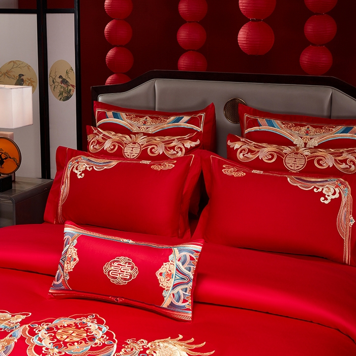 91家纺网 家纺一手货源 找家纺 用心 2025年新款长绒棉重工绣花婚庆四件套多件套 龙凤江山