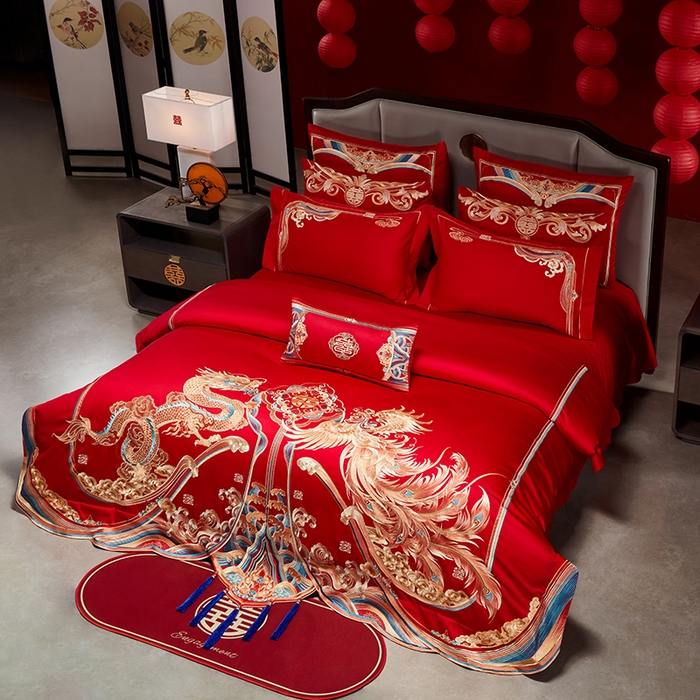 91家纺网 家纺一手货源 找家纺 用心 2025年新款长绒棉重工绣花婚庆四件套多件套 龙凤江山