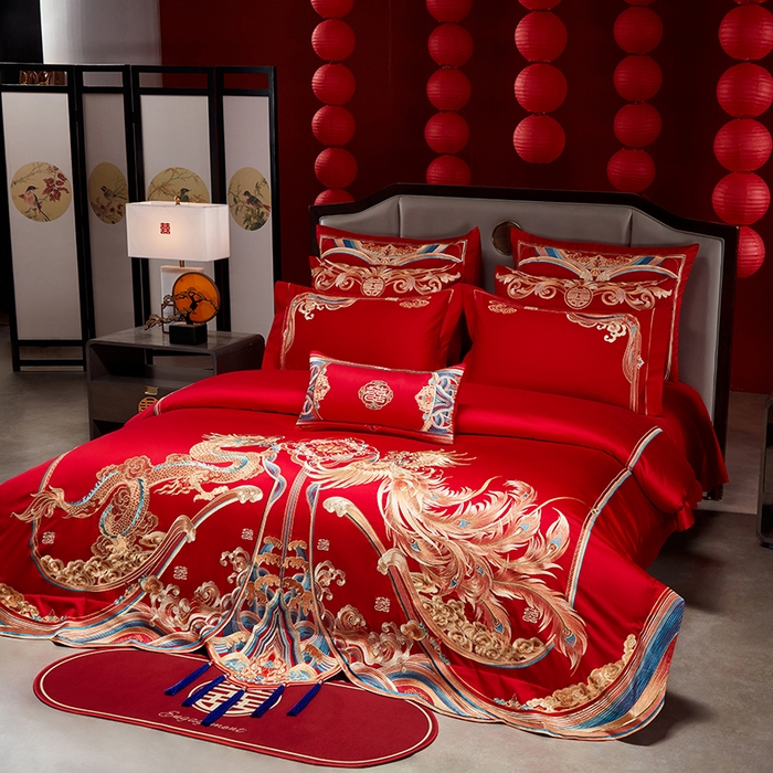 91家纺网 家纺一手货源 找家纺 用心 2025年新款长绒棉重工绣花婚庆四件套多件套 龙凤江山