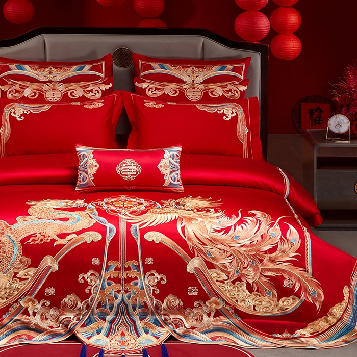 91家纺网 家纺一手货源 找家纺 用心 2025年新款长绒棉重工绣花婚庆四件套多件套 龙凤江山