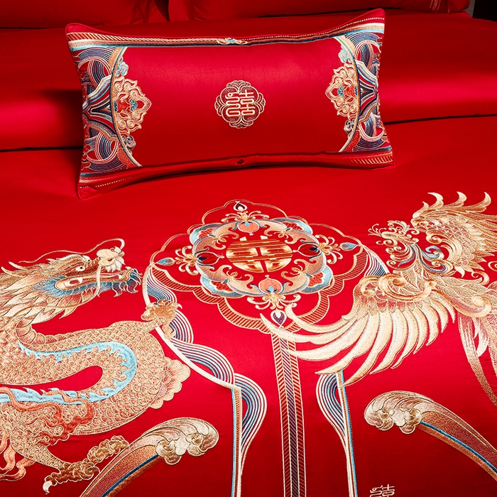 91家纺网 家纺一手货源 找家纺 用心 2025年新款长绒棉重工绣花婚庆四件套多件套 龙凤江山