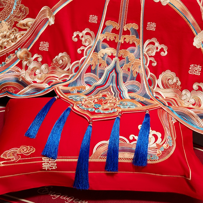 91家纺网 家纺一手货源 找家纺 用心 2025年新款长绒棉重工绣花婚庆四件套多件套 龙凤江山