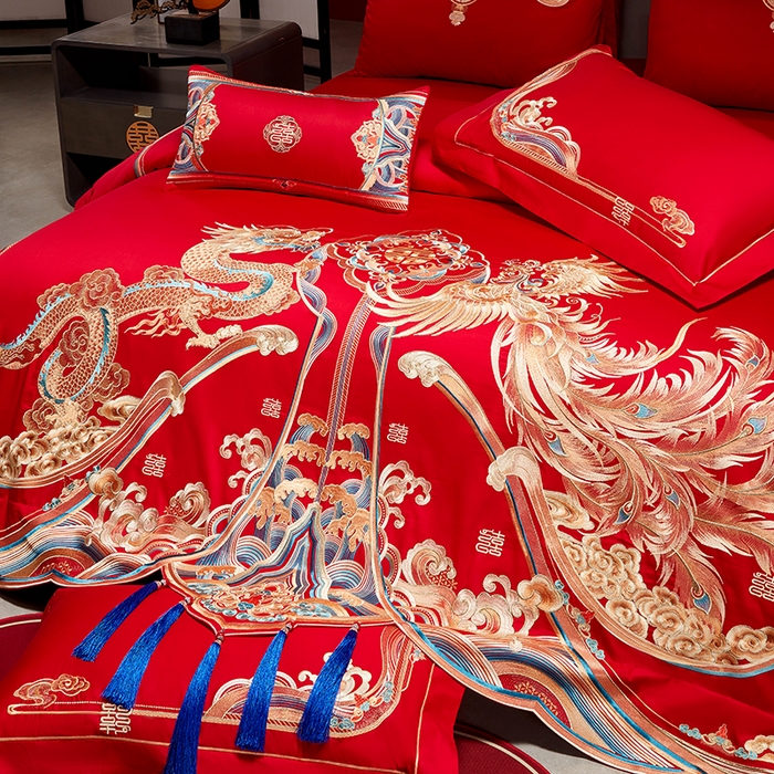 91家纺网 家纺一手货源 找家纺 用心 2025年新款长绒棉重工绣花婚庆四件套多件套 龙凤江山