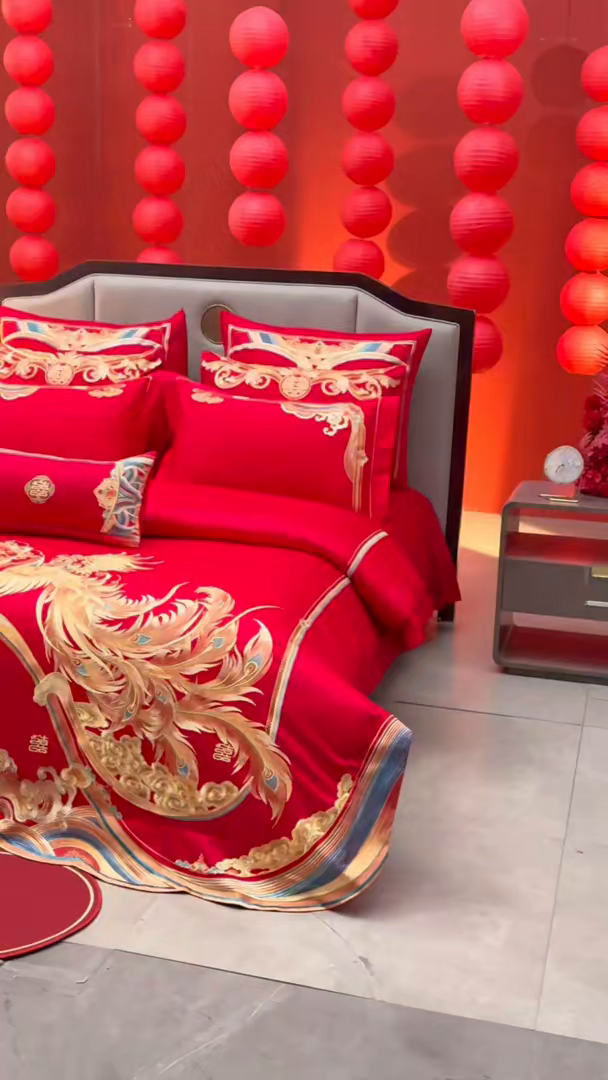 91家纺网 家纺一手货源 找家纺 用心 2025年新款长绒棉重工绣花婚庆四件套多件套 龙凤江山