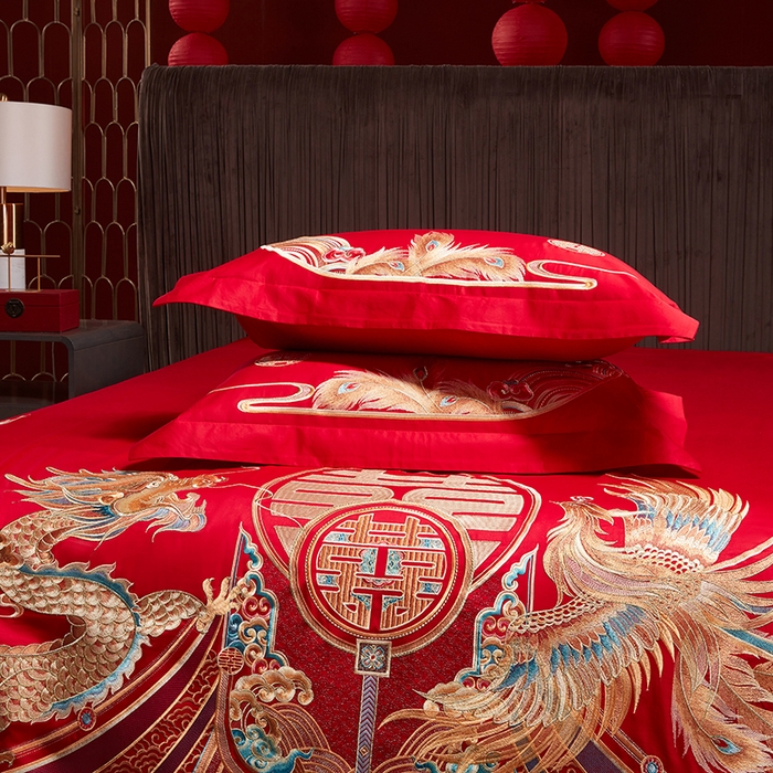 91家纺网 家纺一手货源 找家纺 用心 2025年新款长绒棉重工绣花婚庆四件套多件套 龙凤禧绣