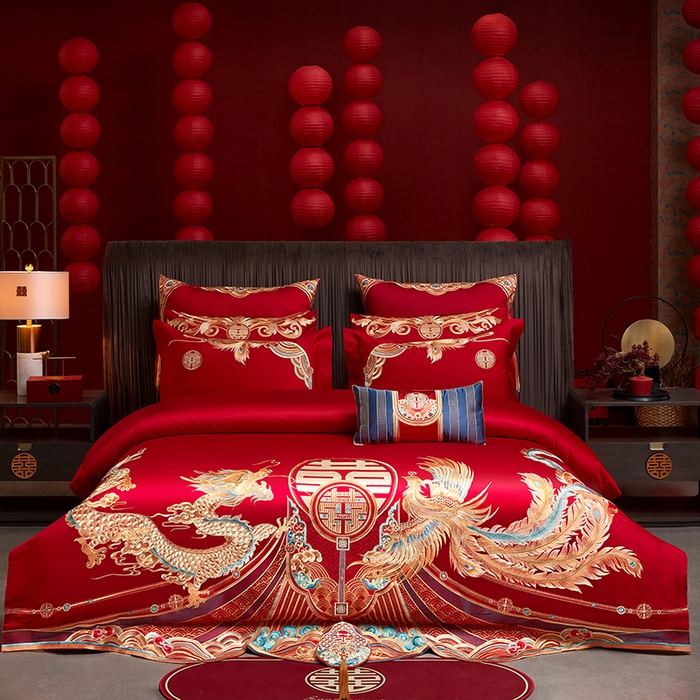 91家纺网 家纺一手货源 找家纺 用心 2025年新款长绒棉重工绣花婚庆四件套多件套 龙凤禧绣