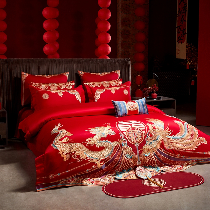 91家纺网 家纺一手货源 找家纺 用心 2025年新款长绒棉重工绣花婚庆四件套多件套 龙凤禧绣