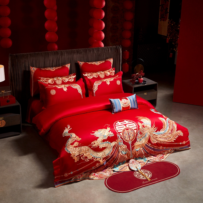 91家纺网 家纺一手货源 找家纺 用心 2025年新款长绒棉重工绣花婚庆四件套多件套 龙凤禧绣