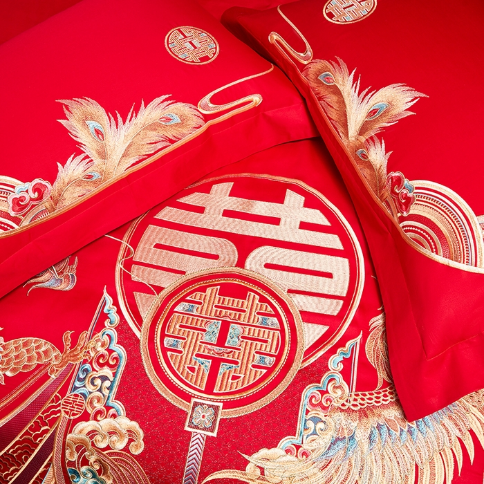 91家纺网 家纺一手货源 找家纺 用心 2025年新款长绒棉重工绣花婚庆四件套多件套 龙凤禧绣