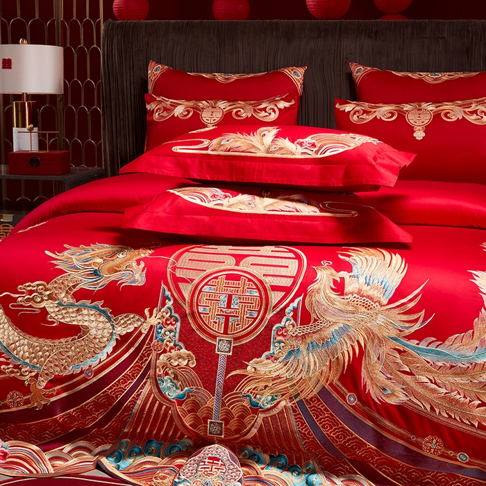 91家纺网 家纺一手货源 找家纺 用心 2025年新款长绒棉重工绣花婚庆四件套多件套 龙凤禧绣