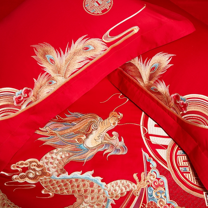 91家纺网 家纺一手货源 找家纺 用心 2025年新款长绒棉重工绣花婚庆四件套多件套 龙凤禧绣