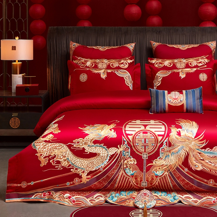 91家纺网 家纺一手货源 找家纺 用心 2025年新款长绒棉重工绣花婚庆四件套多件套 龙凤禧绣