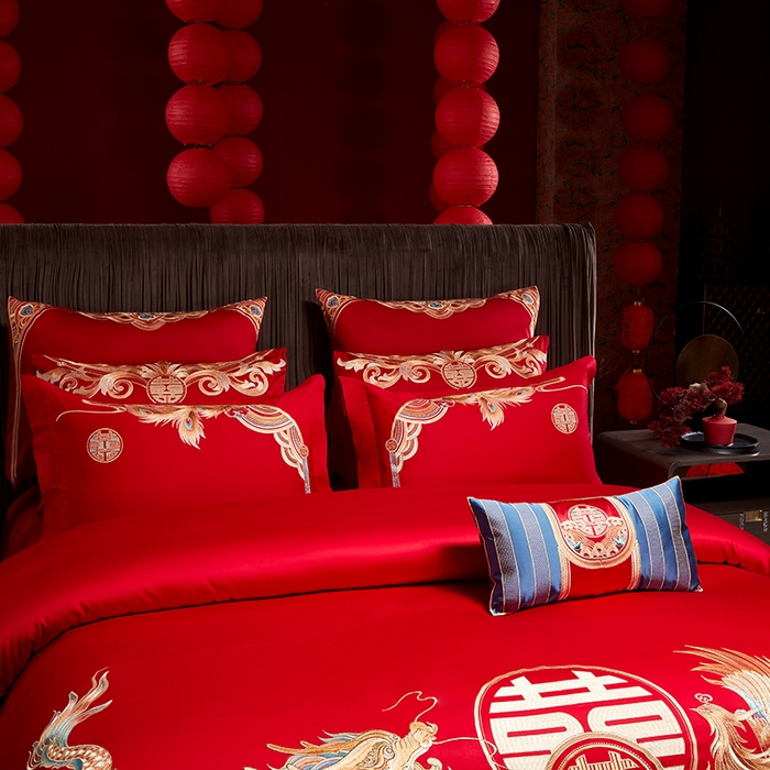 91家纺网 家纺一手货源 找家纺 用心 2025年新款长绒棉重工绣花婚庆四件套多件套 龙凤禧绣