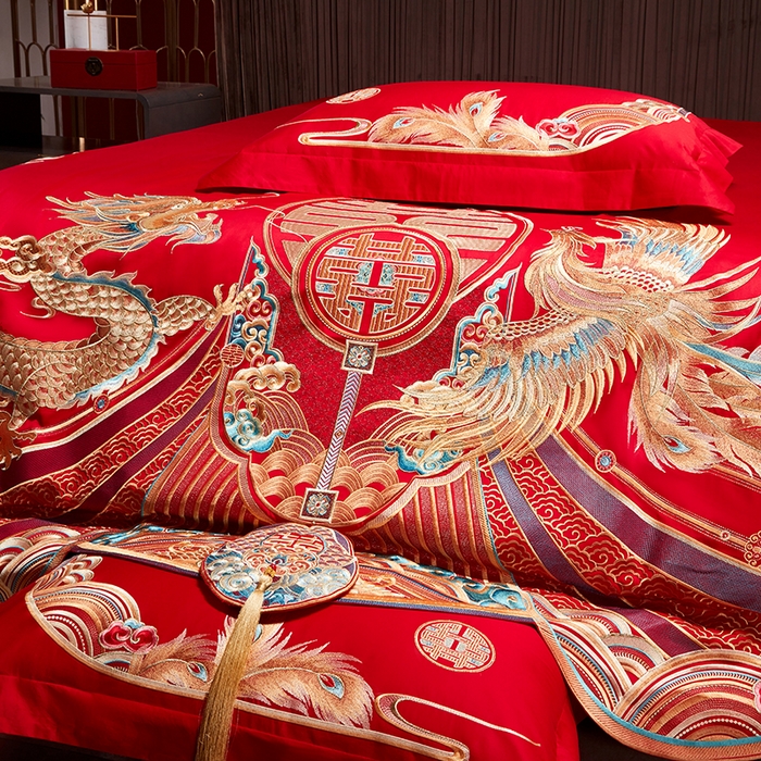 91家纺网 家纺一手货源 找家纺 用心 2025年新款长绒棉重工绣花婚庆四件套多件套 龙凤禧绣